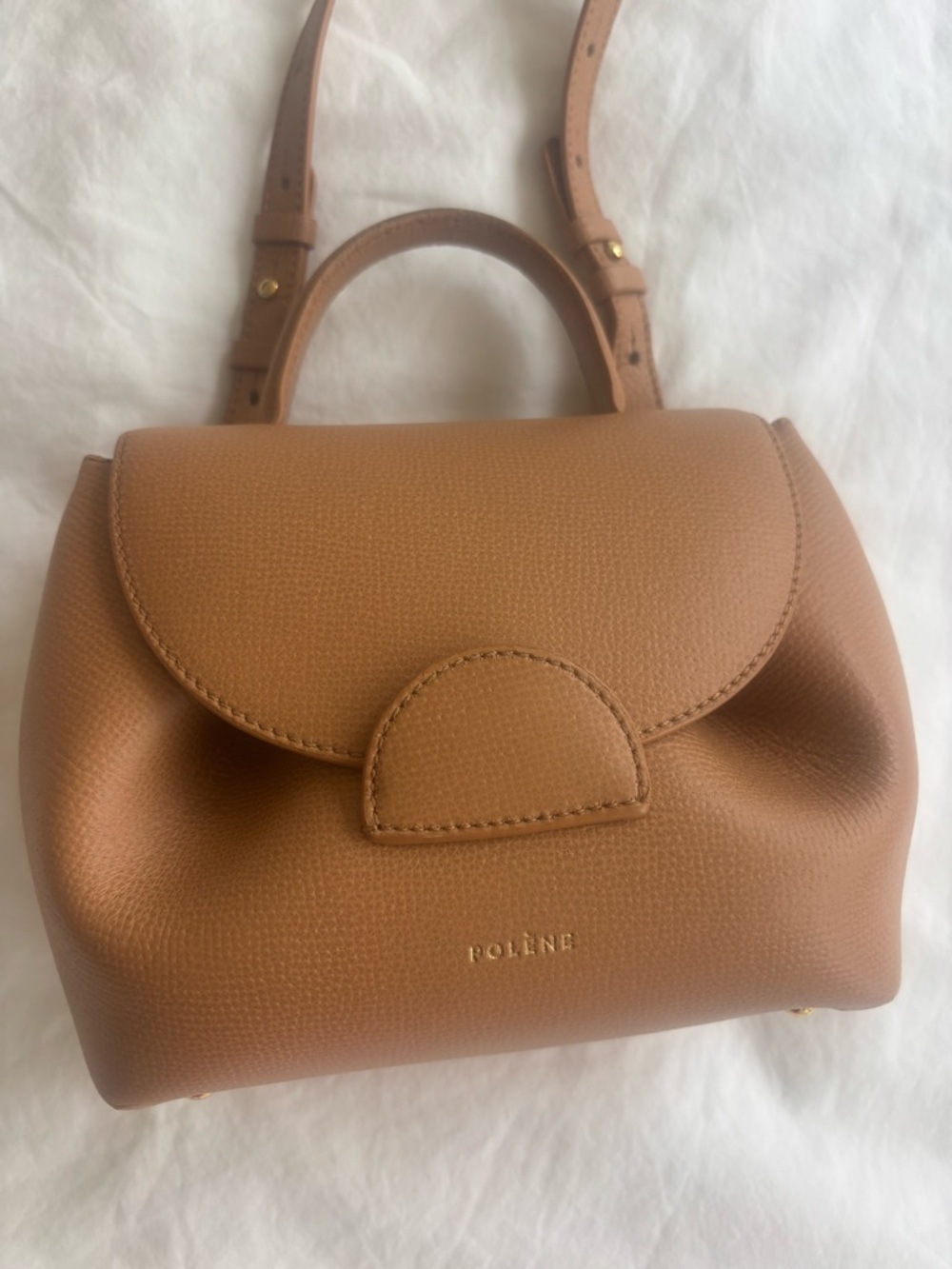 Polène Numéro Un Nano Textured Tan Leather Bag | Top Handle + Crossbody